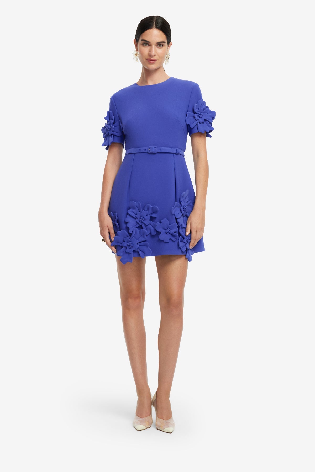 Aurelie Floral Appliqué Short Sleeve Mini Dress - Lapis