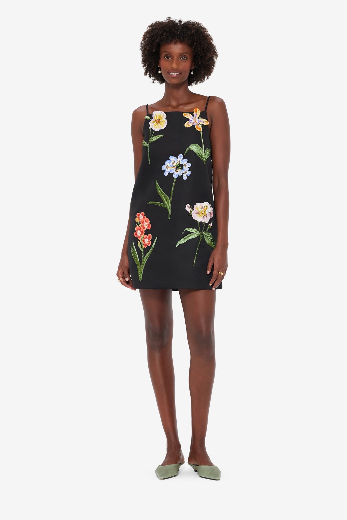 Leia Embroidered Mini Dress - Botanical Print in Ebony