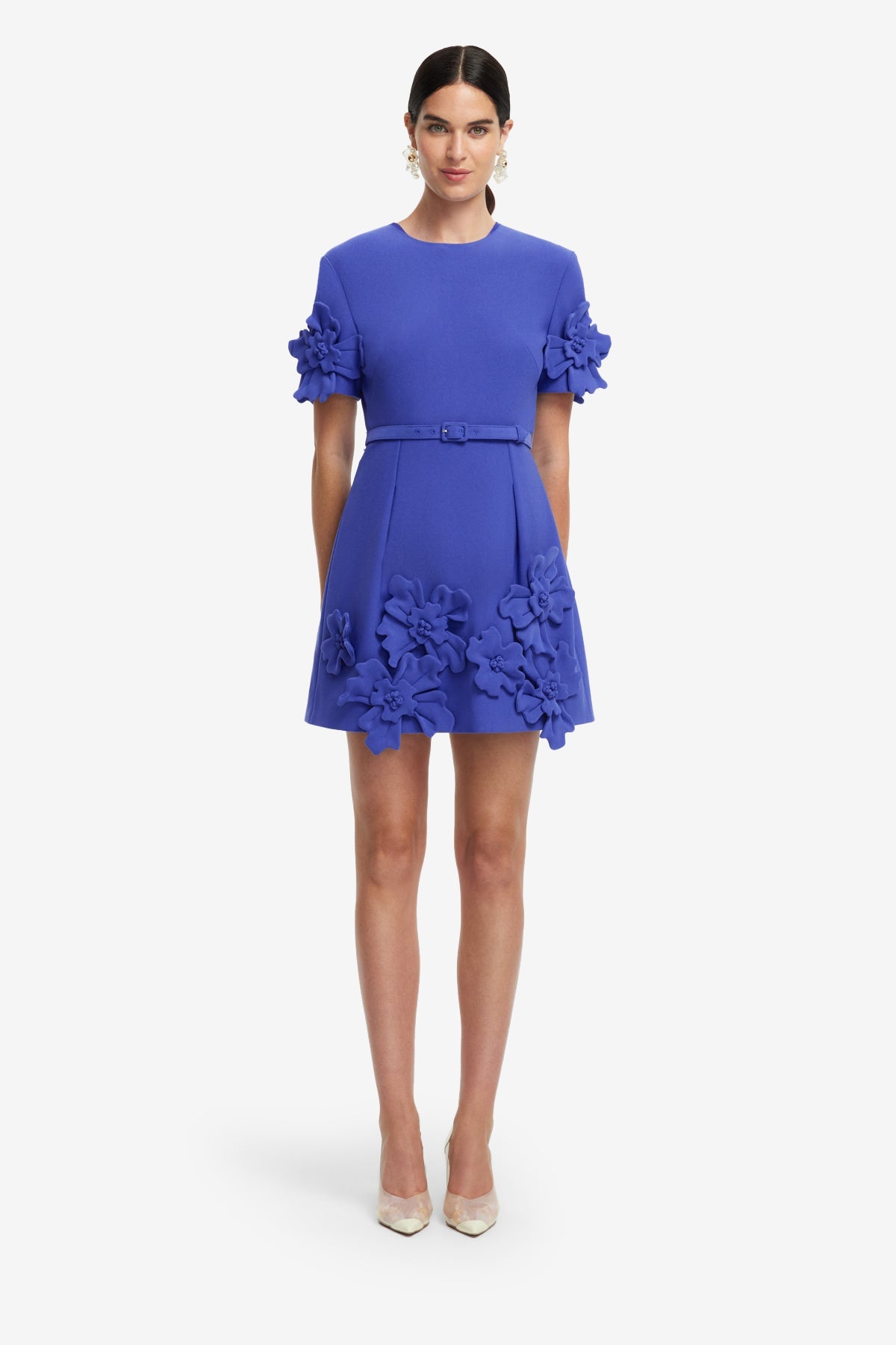 Aurelie Floral Appliqué Short Sleeve Mini Dress - Lapis