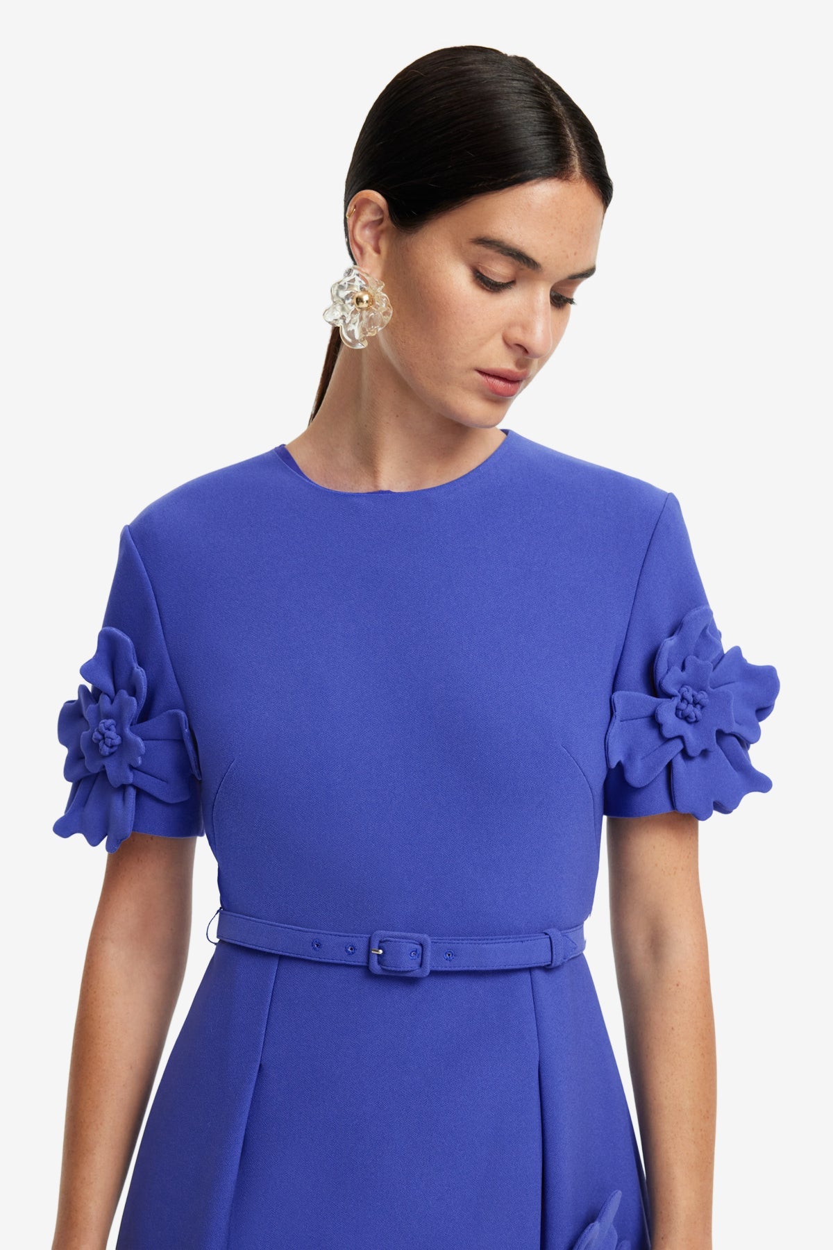Aurelie Floral Appliqué Short Sleeve Mini Dress - Lapis