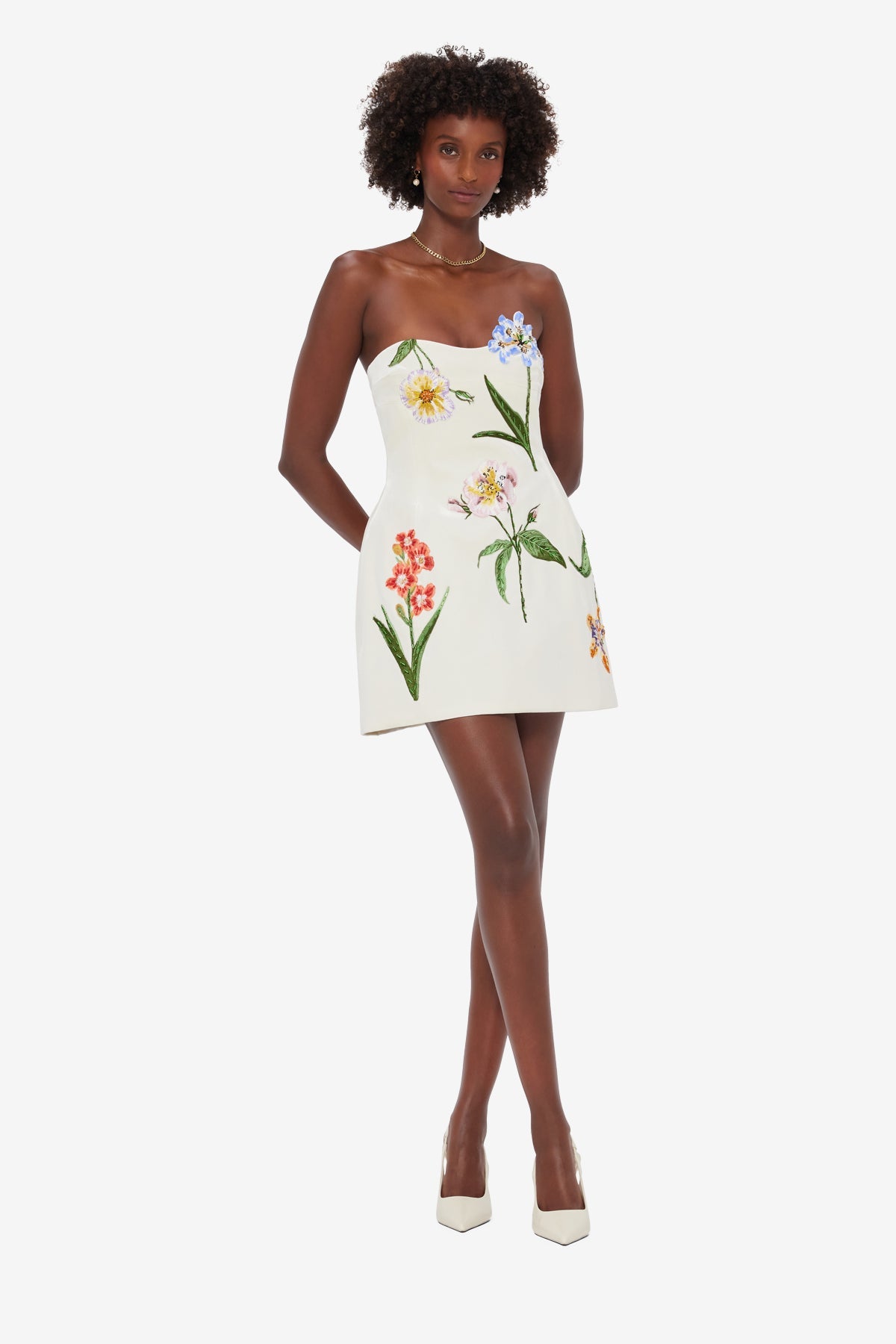 Rosario Velvet Mini Dress - Botanical Print in Snow