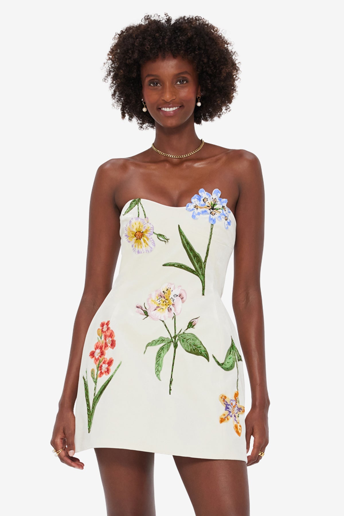 Rosario Velvet Mini Dress - Botanical Print in Snow