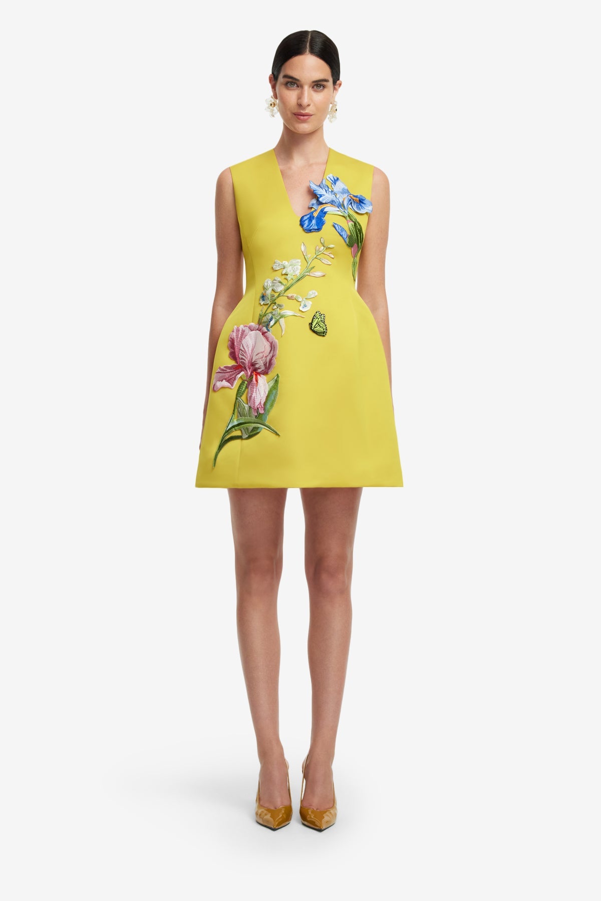 Bree V Neck Embroidery Mini Dress - Mustard