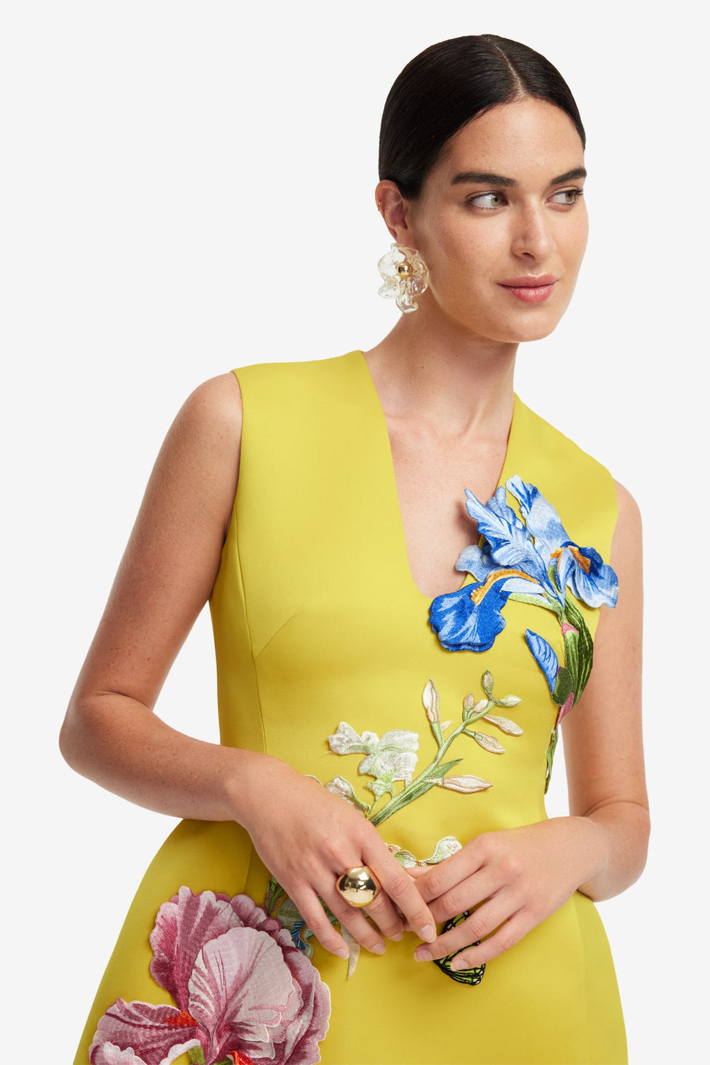 Bree V Neck Embroidery Mini Dress - Mustard