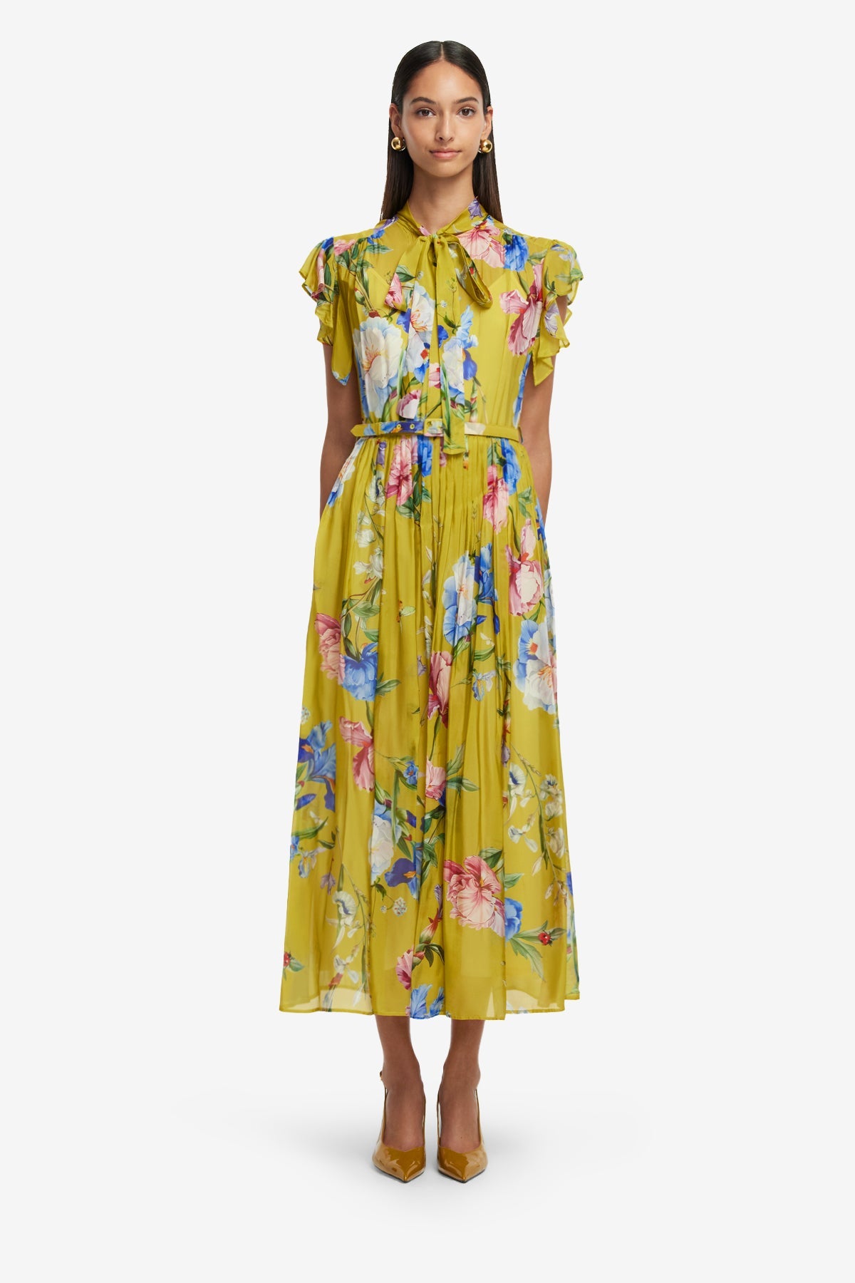 Grace Flutter Sleeve Midi Dress - Garden Print in Mustard