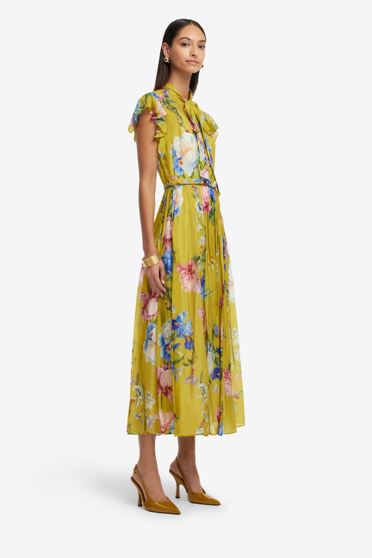 Grace Flutter Sleeve Midi Dress - Garden Print in Mustard