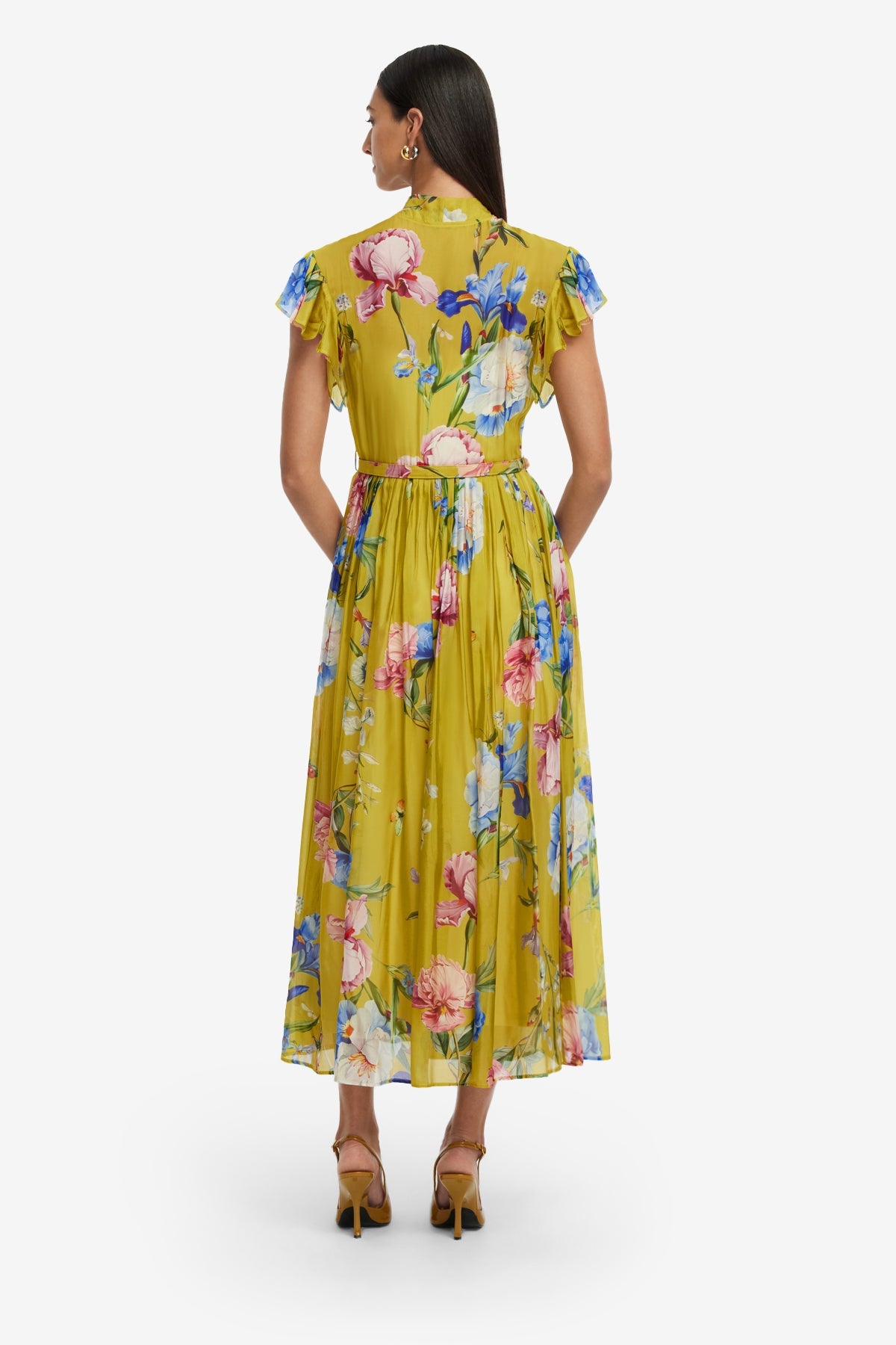 Grace Flutter Sleeve Midi Dress - Garden Print in Mustard