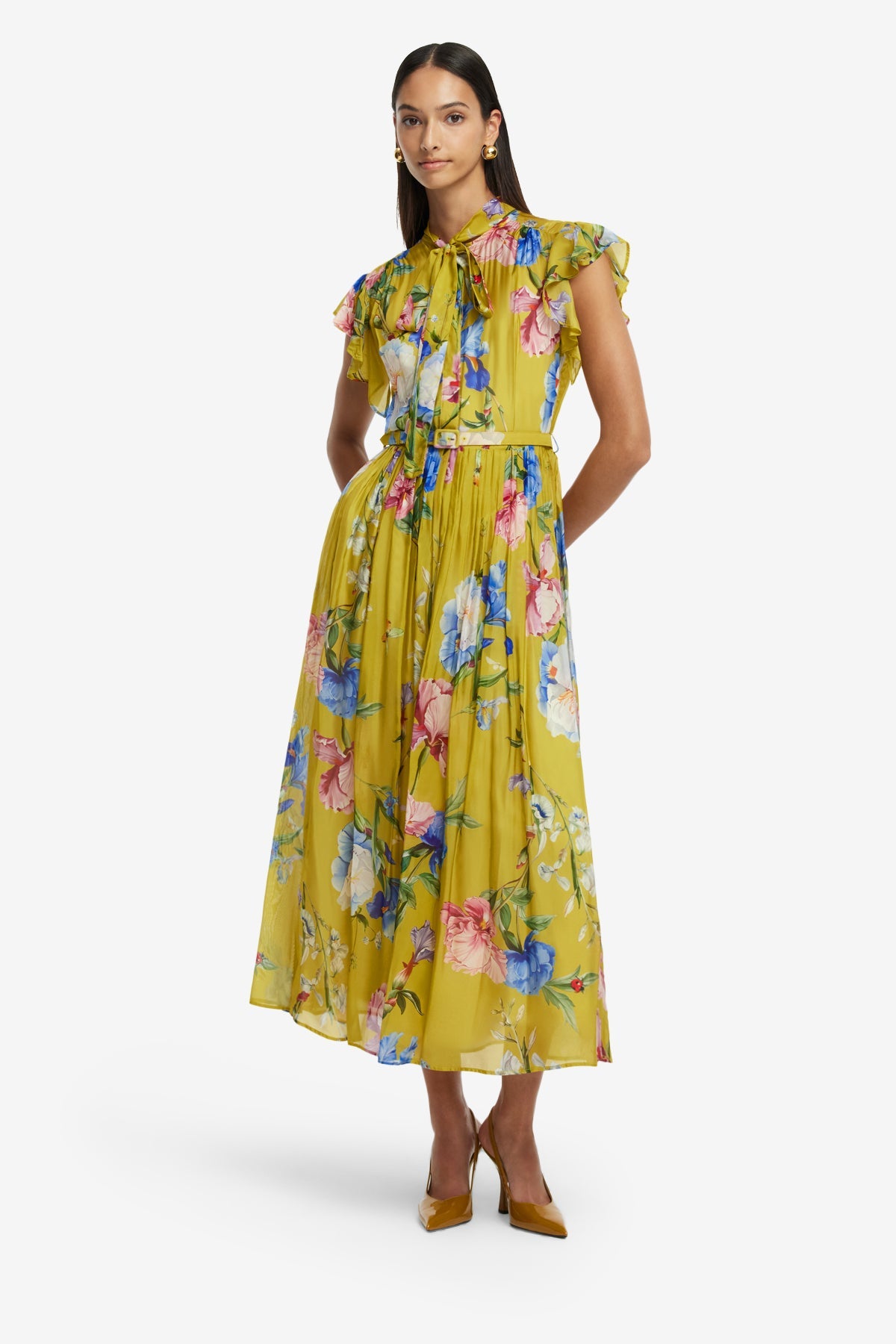 Grace Flutter Sleeve Midi Dress - Garden Print in Mustard