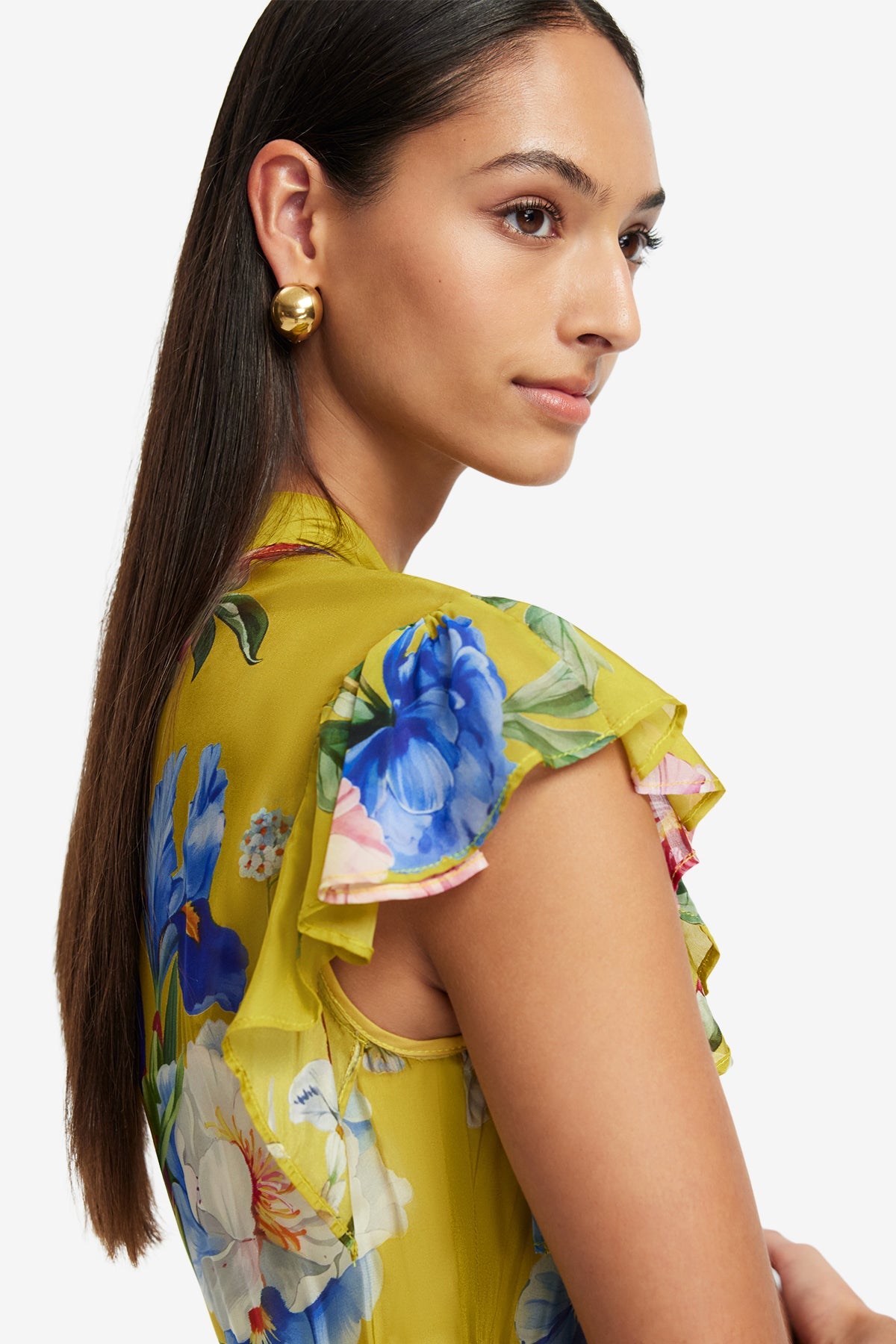 Grace Flutter Sleeve Midi Dress - Garden Print in Mustard