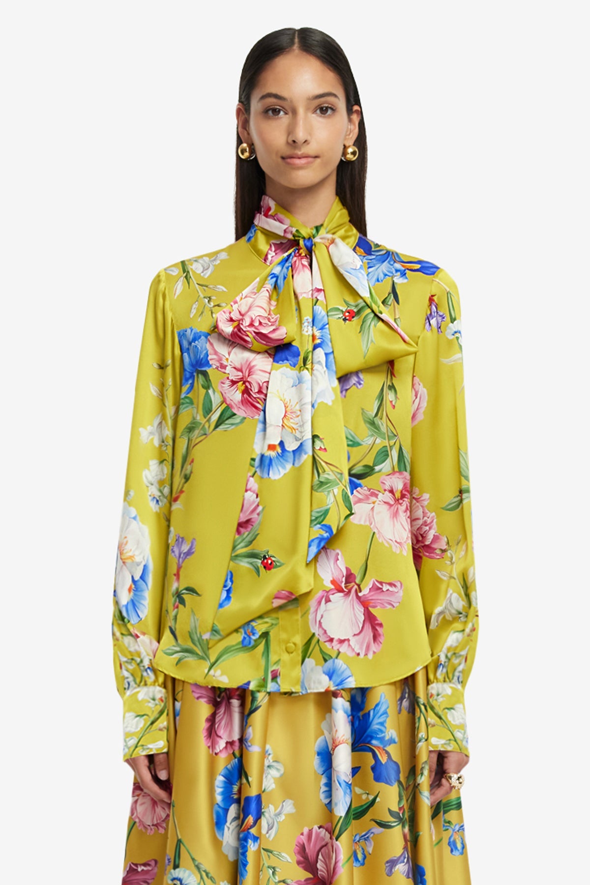Freya Tie Neck Silk Blouse - Garden Print in Mustard