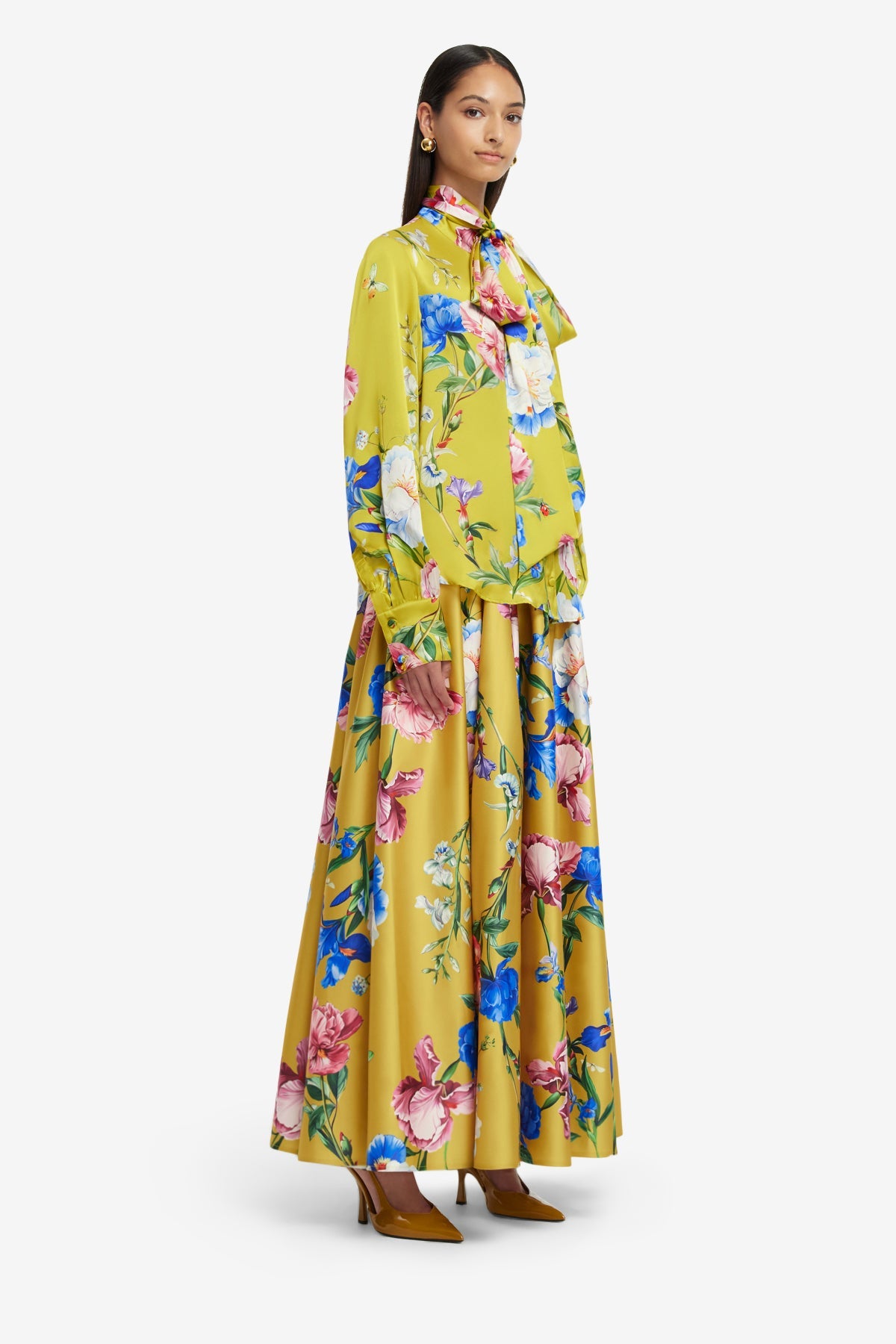 Freya Tie Neck Silk Blouse - Garden Print in Mustard