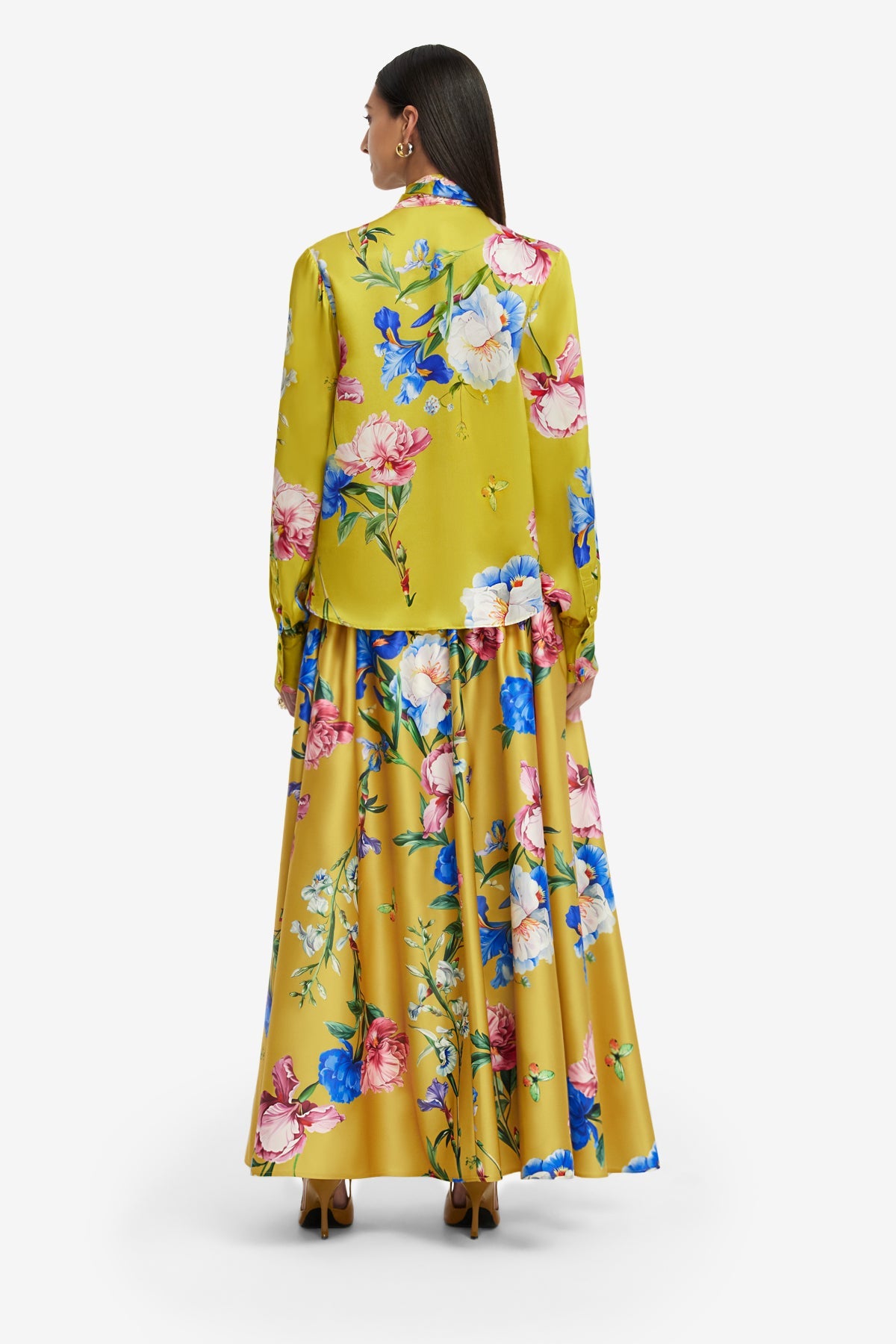 Freya Tie Neck Silk Blouse - Garden Print in Mustard