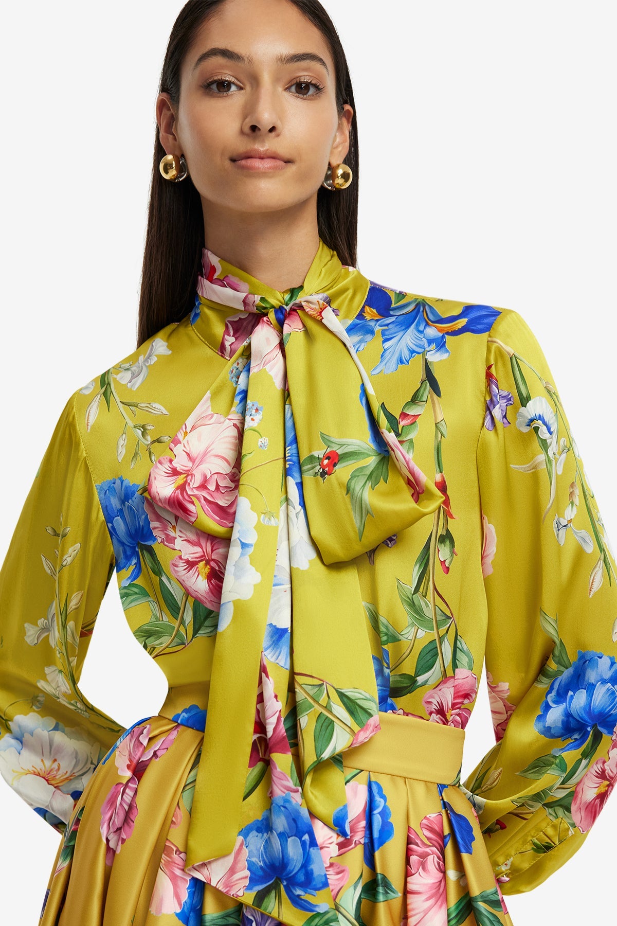 Freya Tie Neck Silk Blouse - Garden Print in Mustard