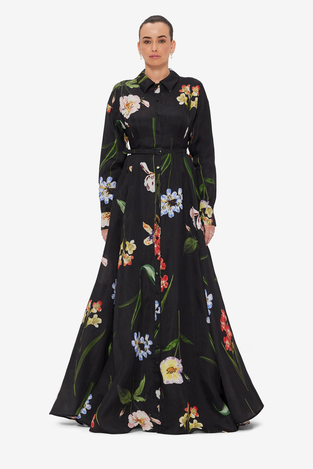 Josephine Silk Gown - Botanical Print in Ebony