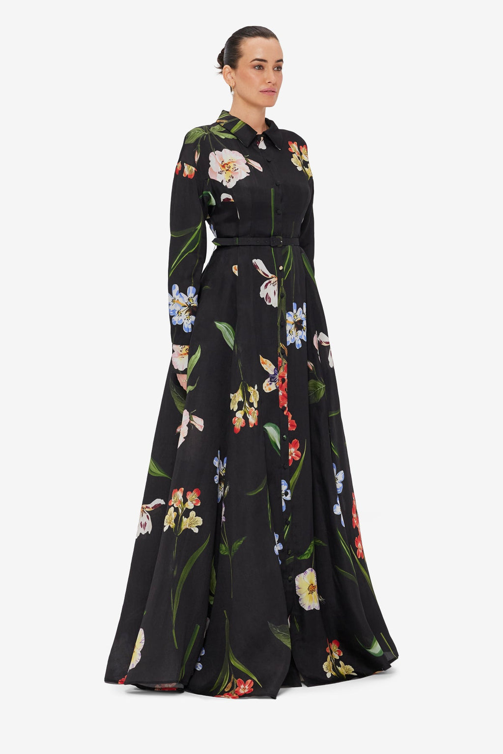 Josephine Silk Gown - Botanical Print in Ebony