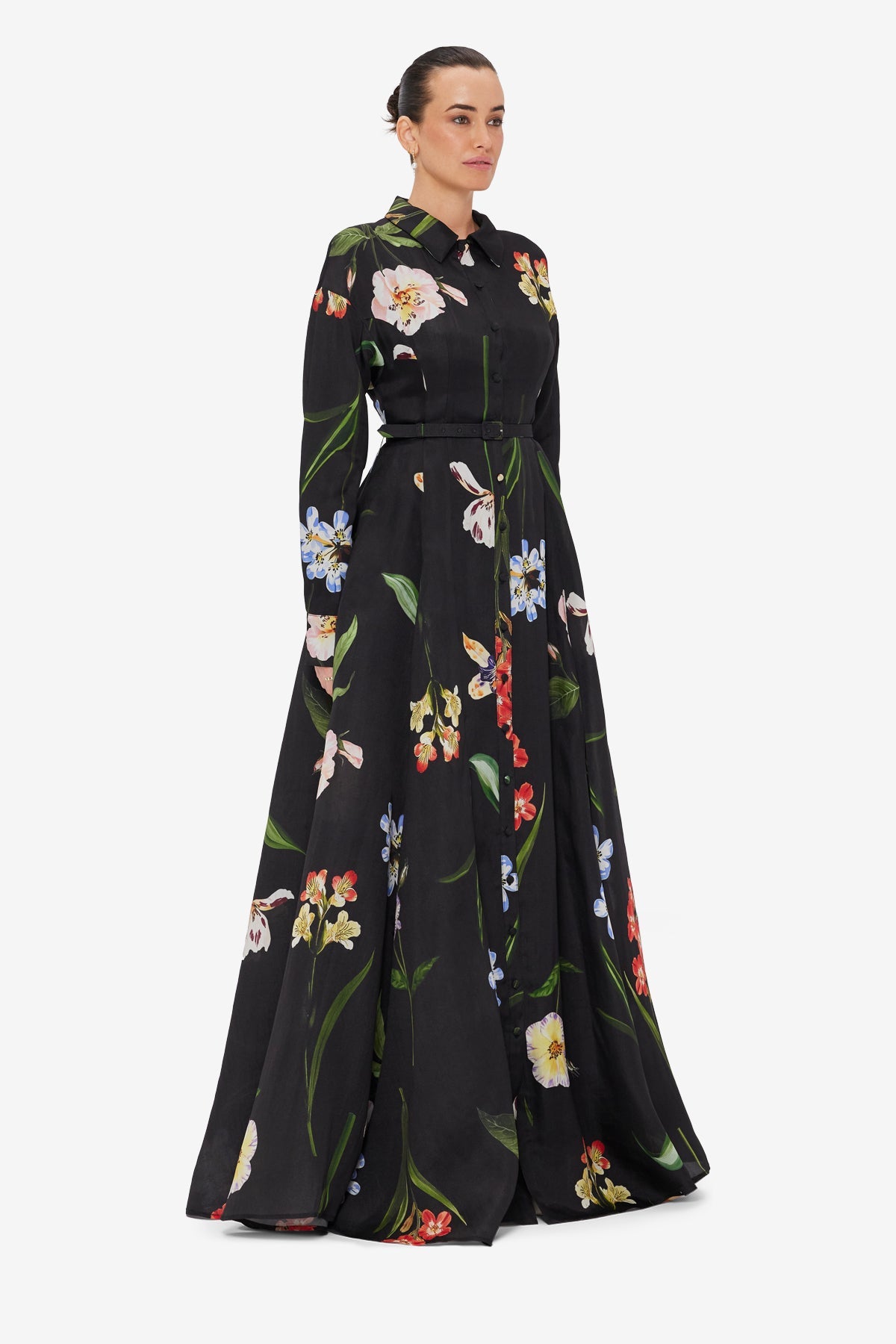 Josephine Silk Gown - Botanical Print in Ebony