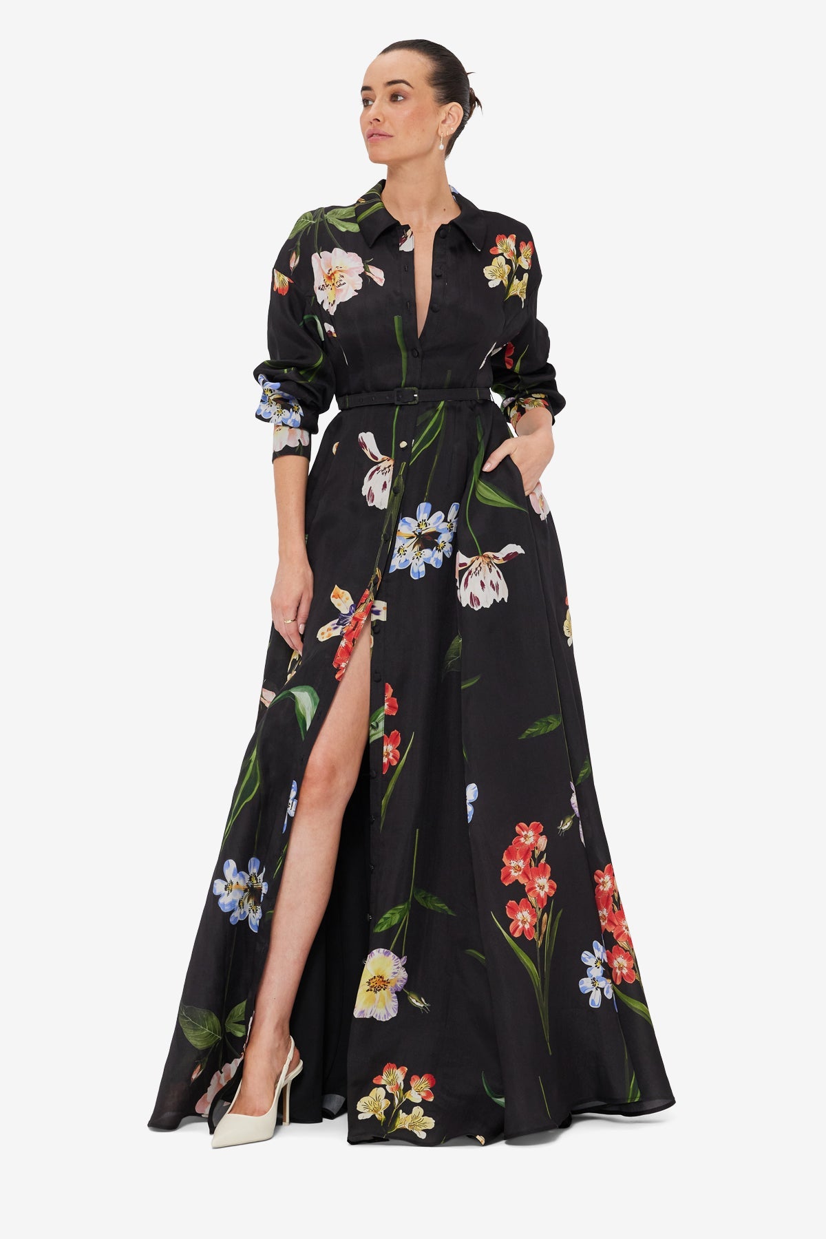 Josephine Silk Gown - Botanical Print in Ebony