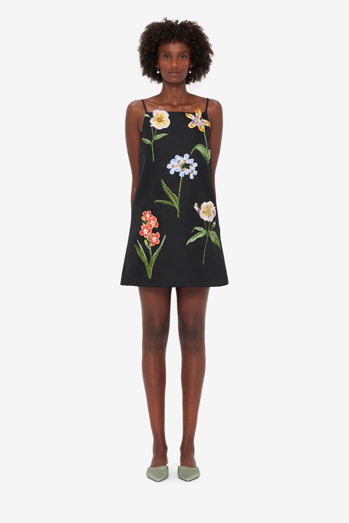 Leia Embroidered Mini Dress - Botanical Print in Ebony