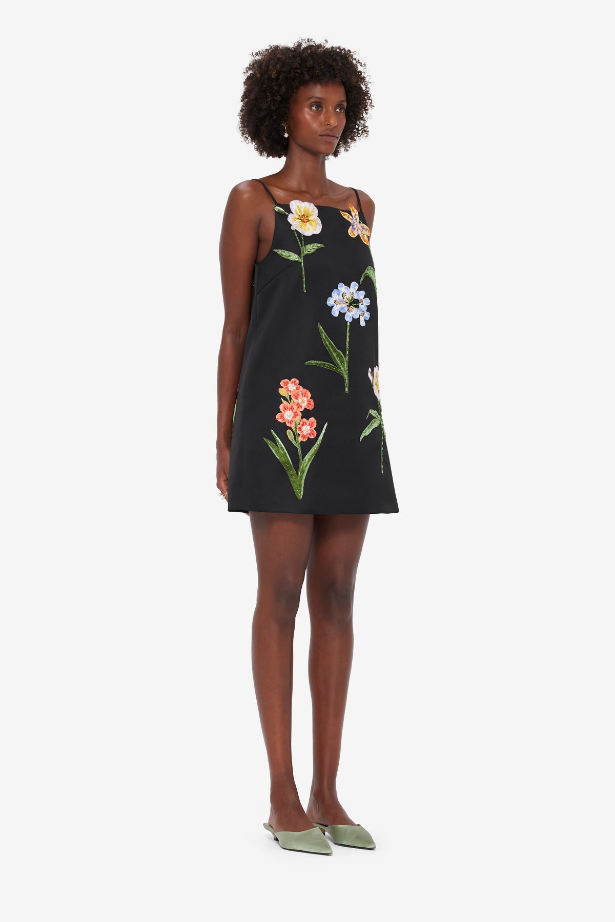 Leia Embroidered Mini Dress - Botanical Print in Ebony
