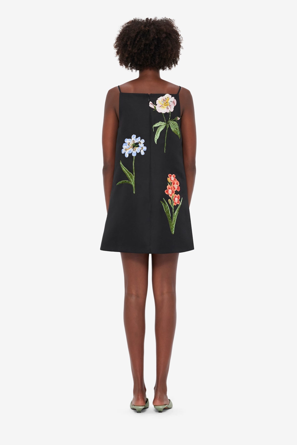 Leia Embroidered Mini Dress - Botanical Print in Ebony