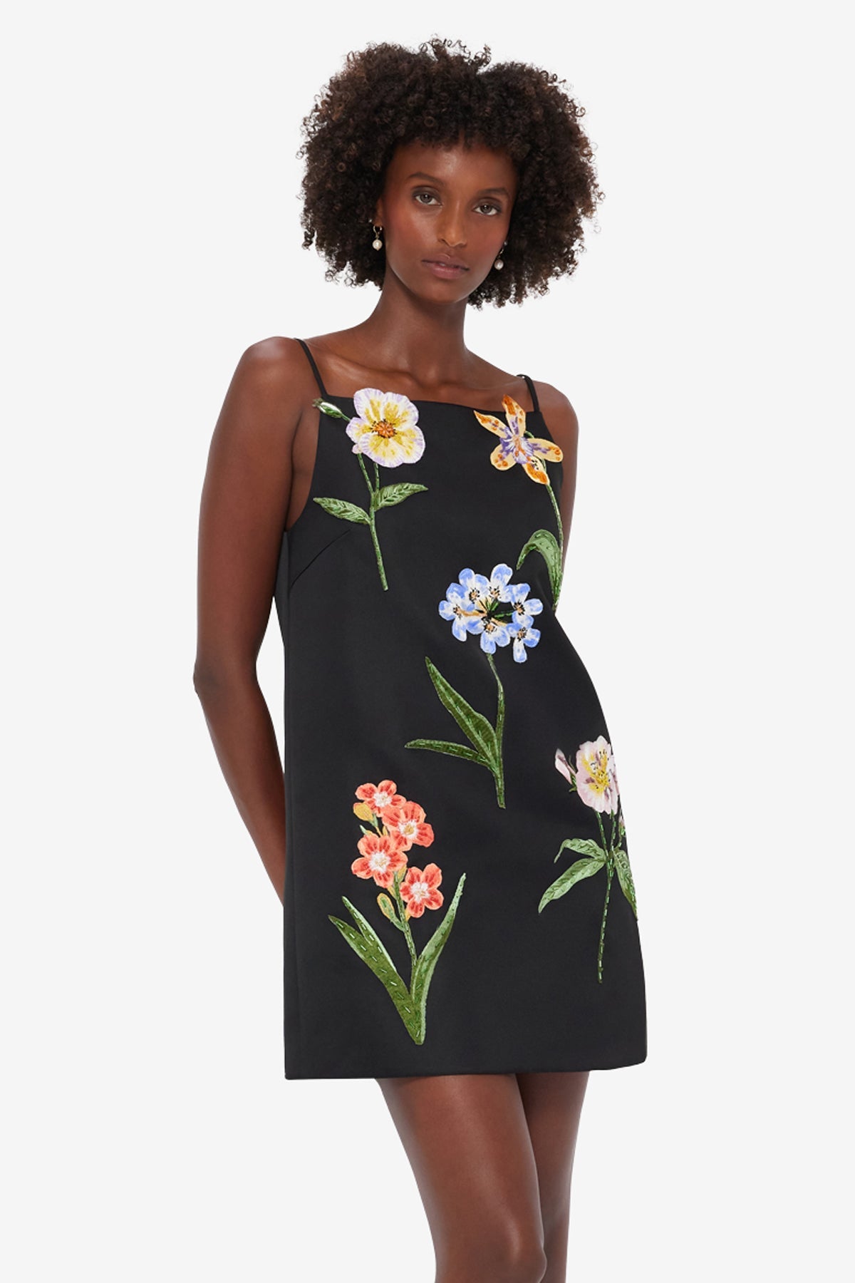 Leia Embroidered Mini Dress - Botanical Print in Ebony