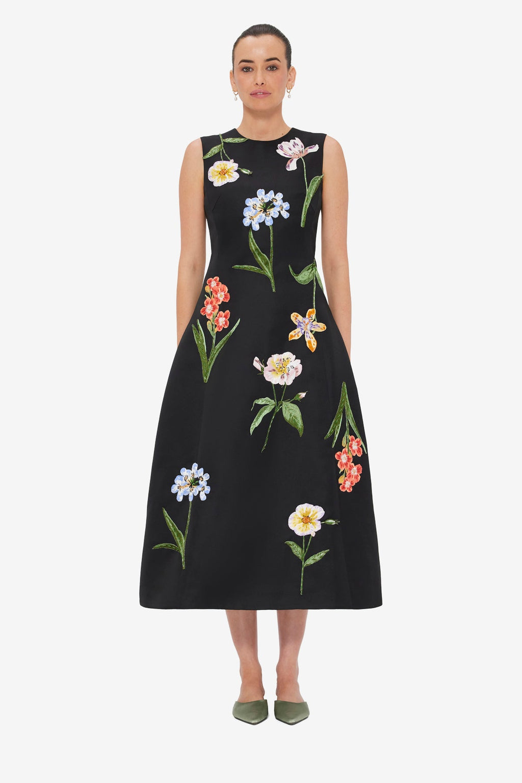 Cleo Embroidered Sleeveless Midi Dress - Botanical Print in Ebony