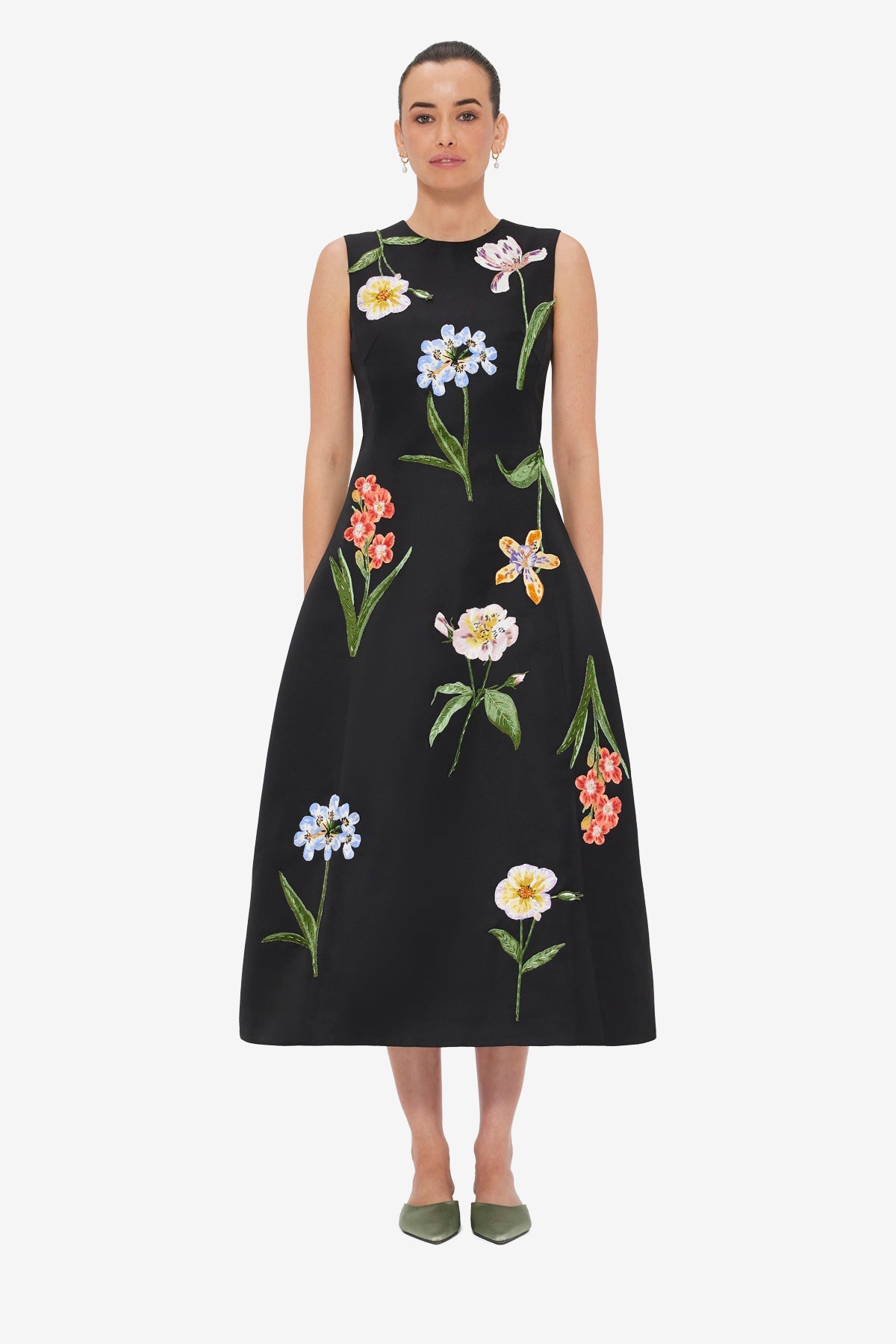 Cleo Embroidered Sleeveless Midi Dress - Botanical Print in Ebony