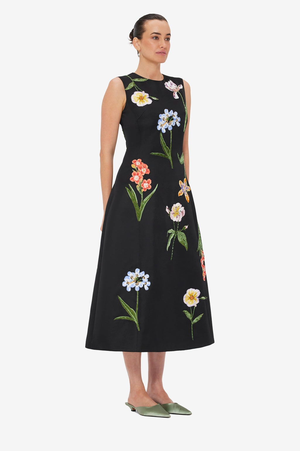 Cleo Embroidered Sleeveless Midi Dress - Botanical Print in Ebony
