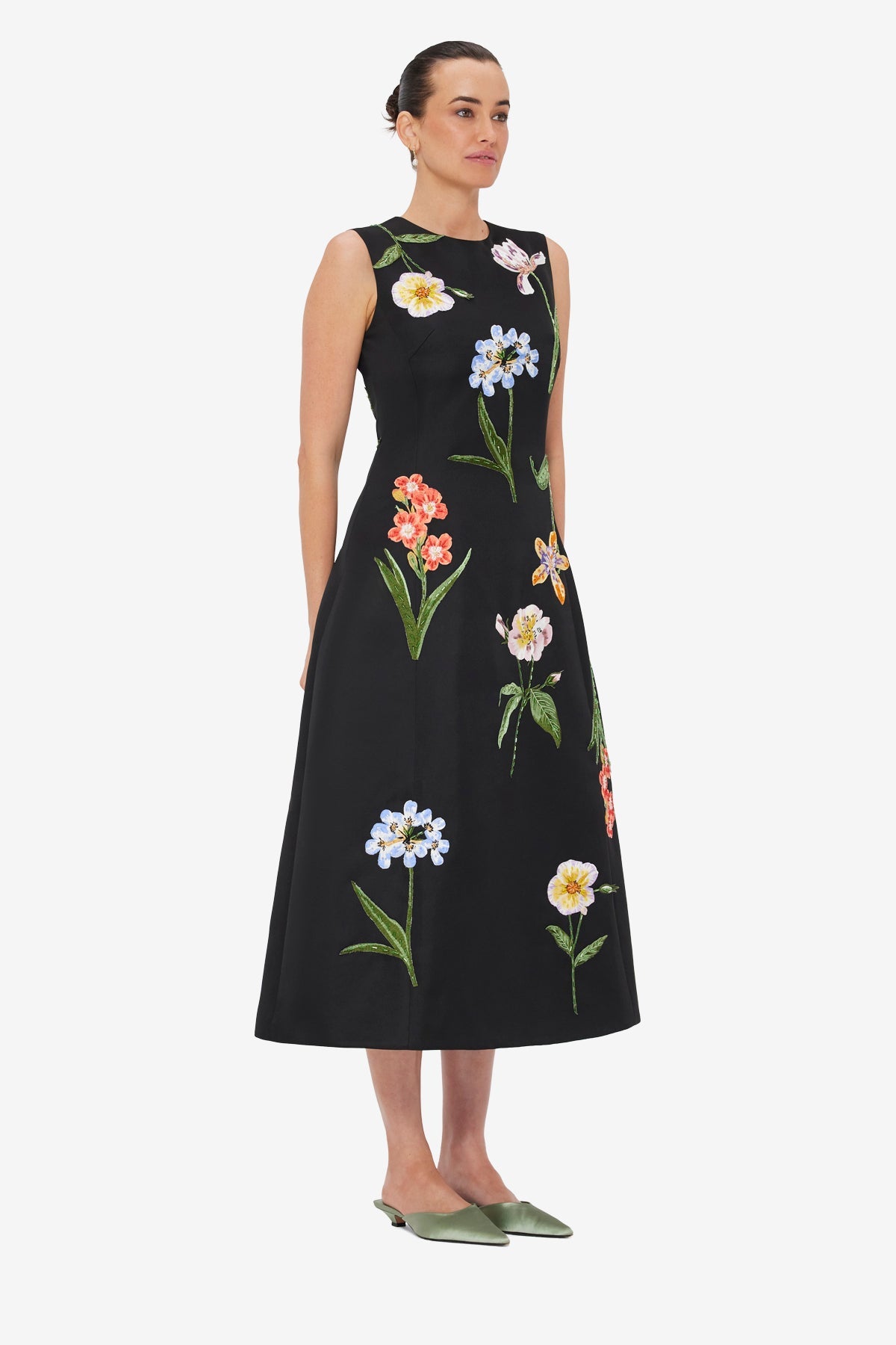Cleo Embroidered Sleeveless Midi Dress - Botanical Print in Ebony