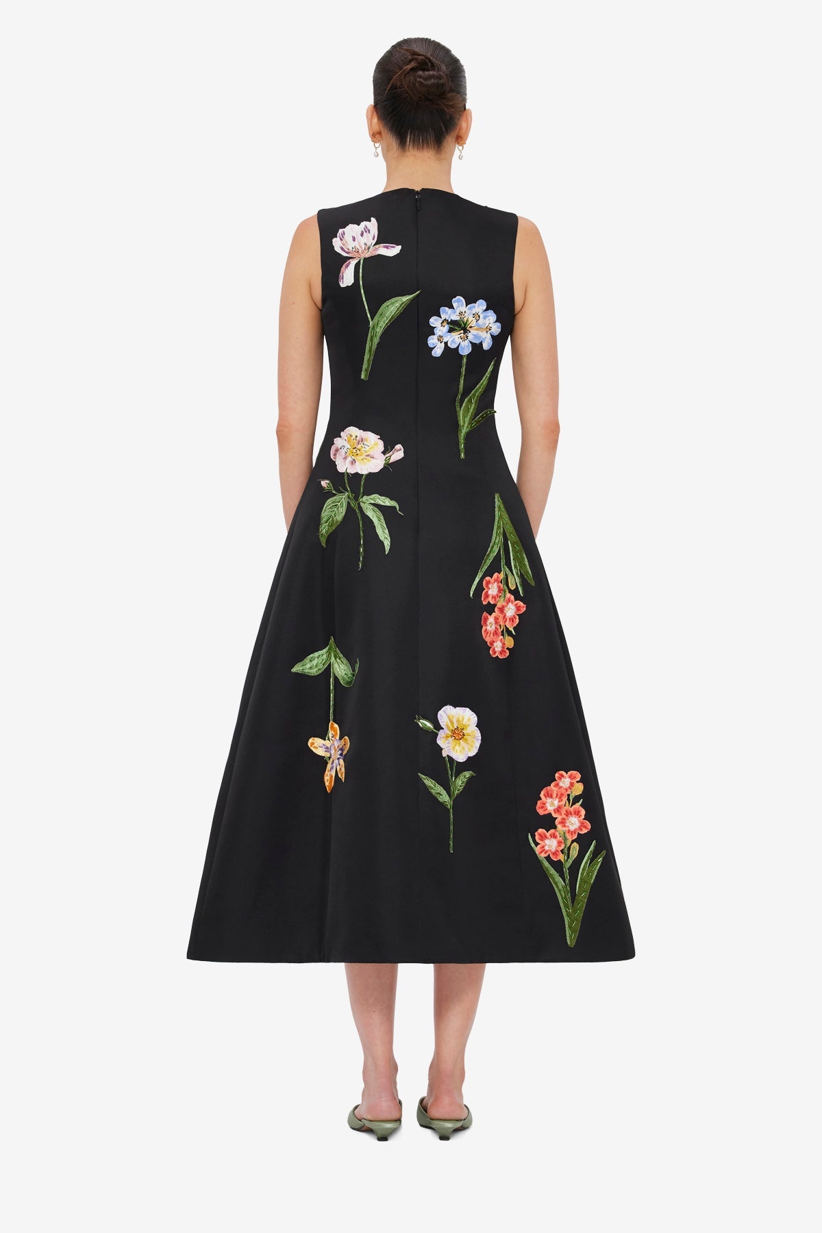 Cleo Embroidered Sleeveless Midi Dress - Botanical Print in Ebony