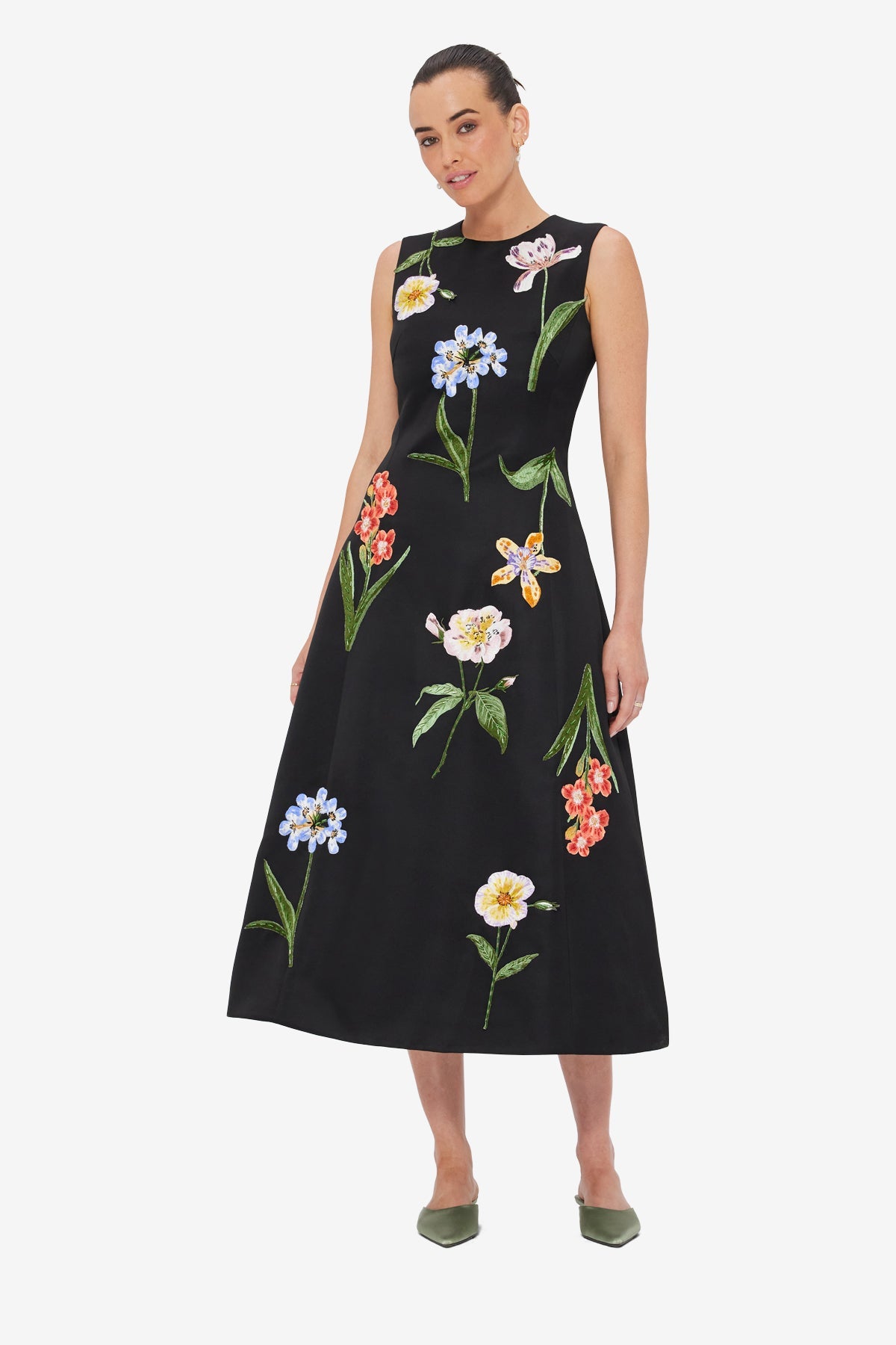 Cleo Embroidered Sleeveless Midi Dress - Botanical Print in Ebony