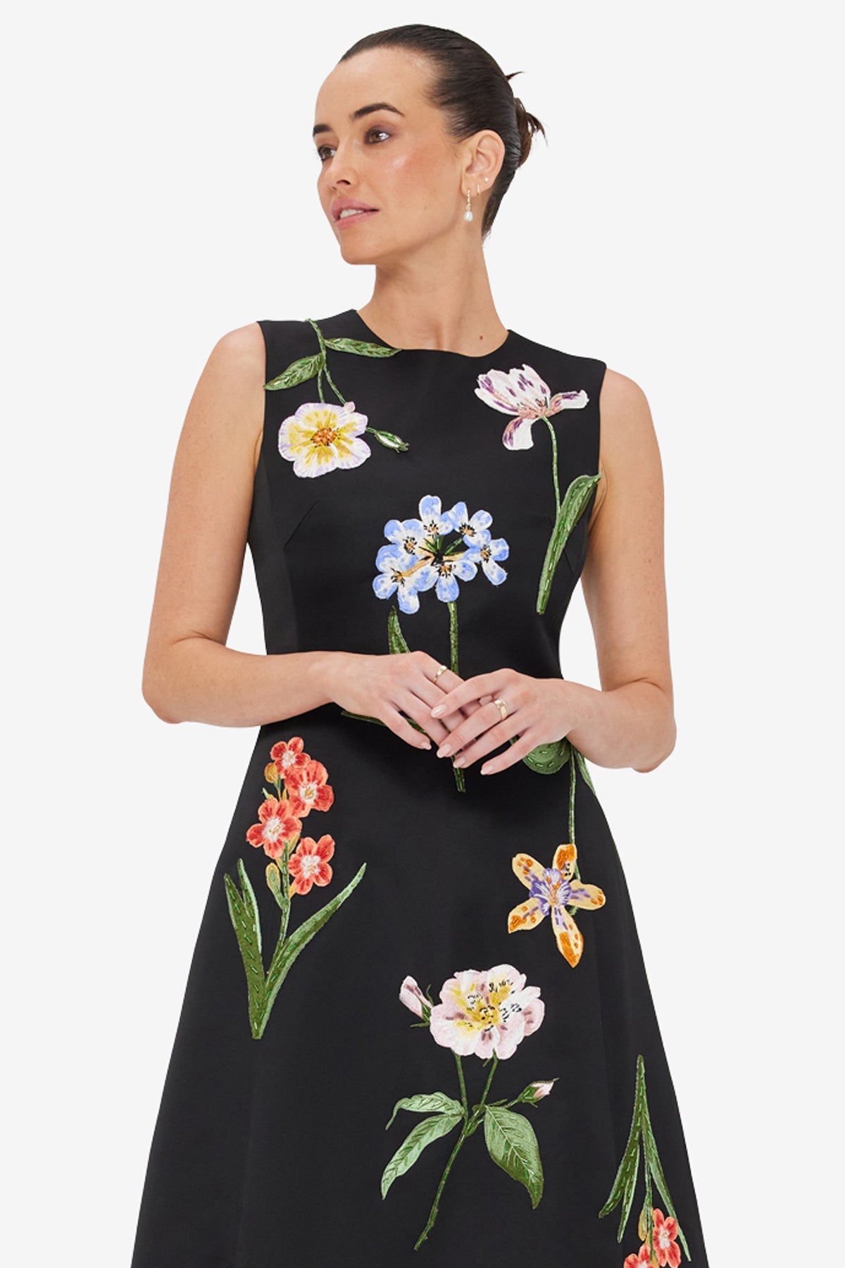 Cleo Embroidered Sleeveless Midi Dress - Botanical Print in Ebony