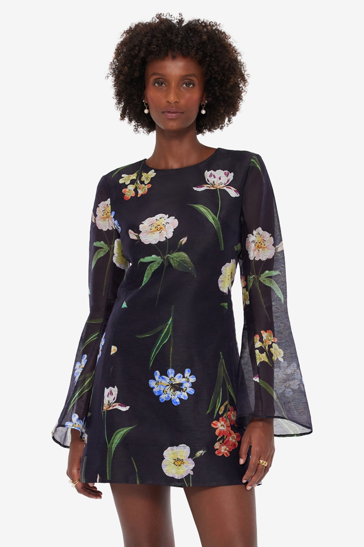 Suzanne Bell Sleeve Mini Dress - Botanical Print in Ebony