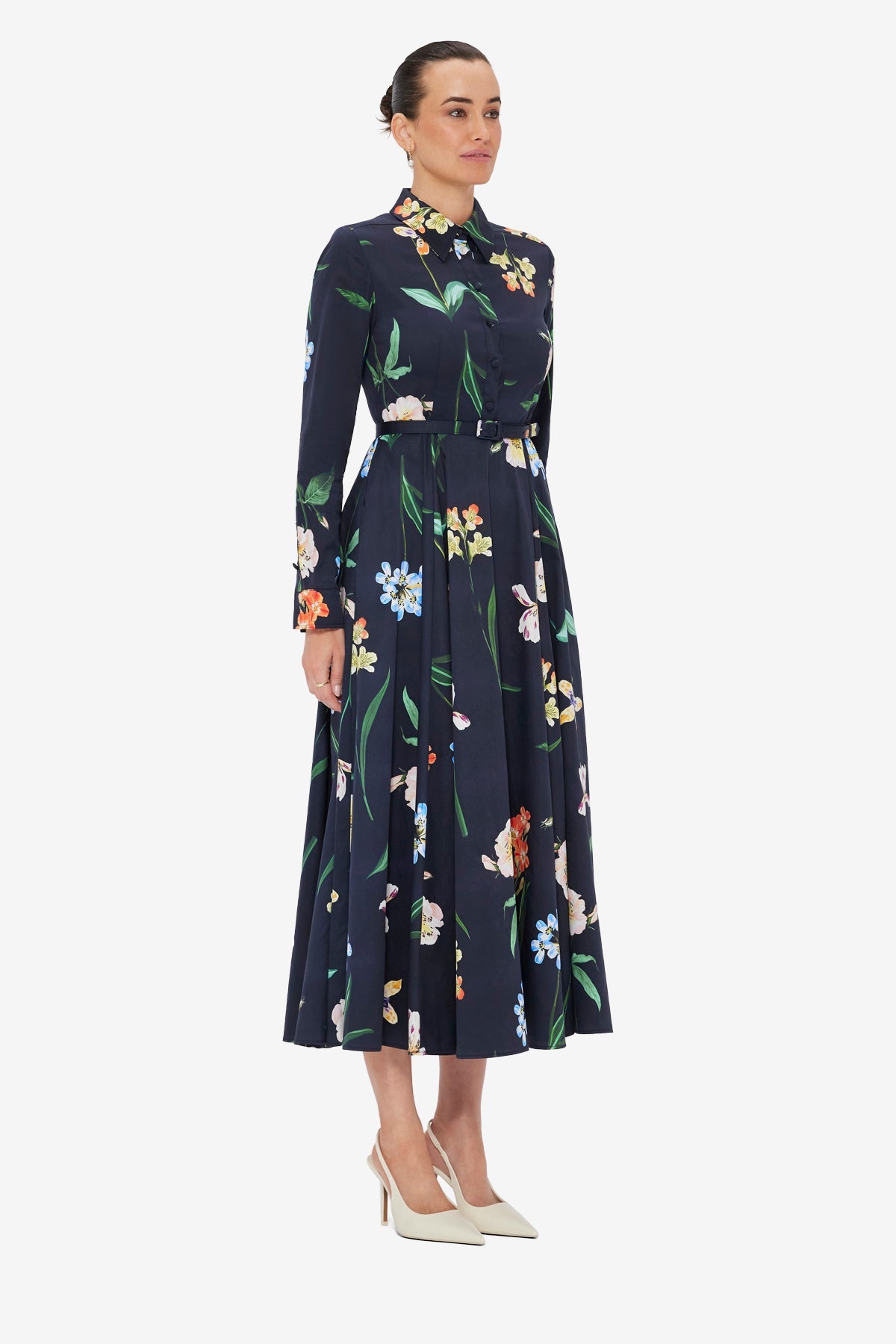 Zara Shirt Midi Dress - Botanical Print in Ebony