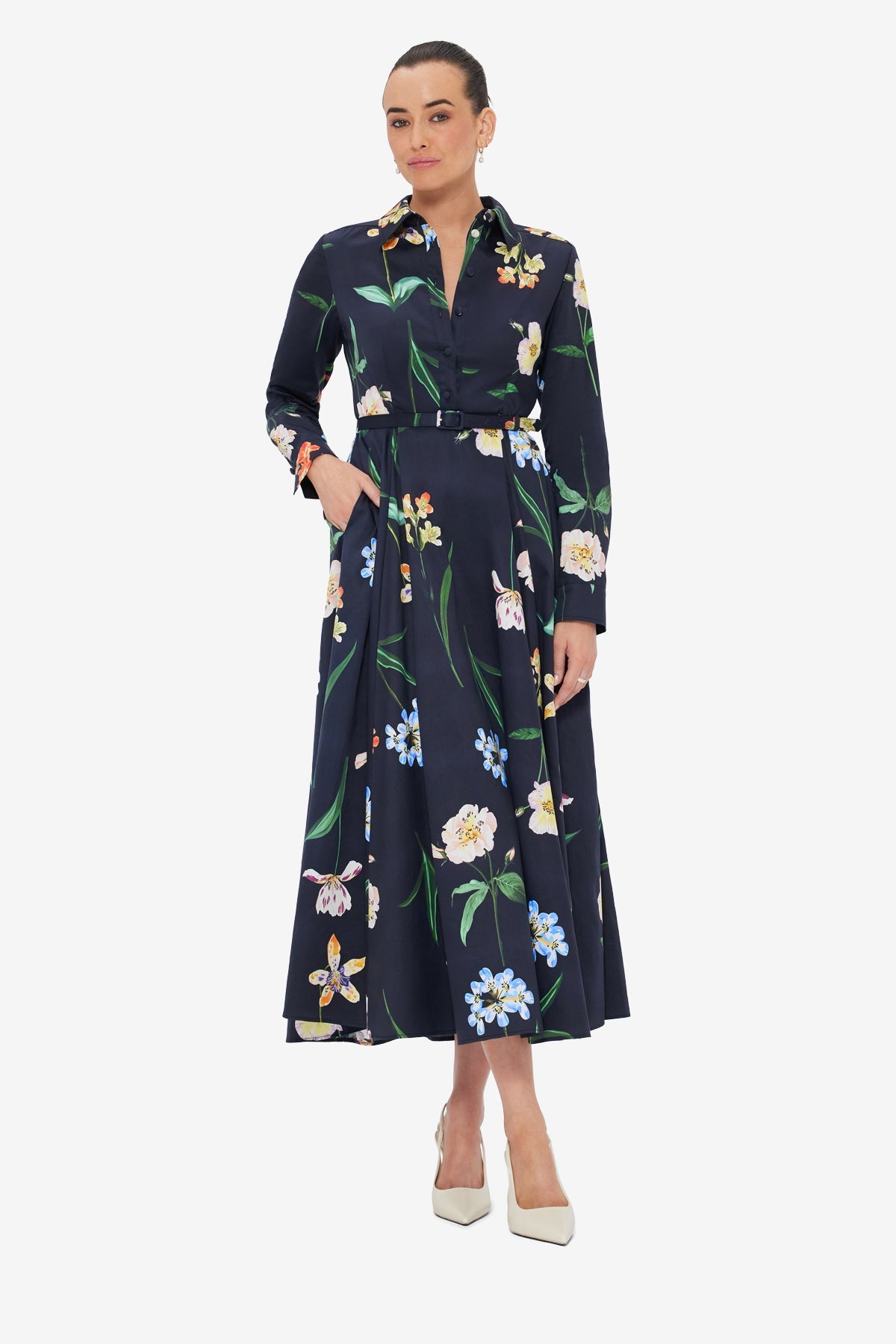 Zara Shirt Midi Dress - Botanical Print in Ebony