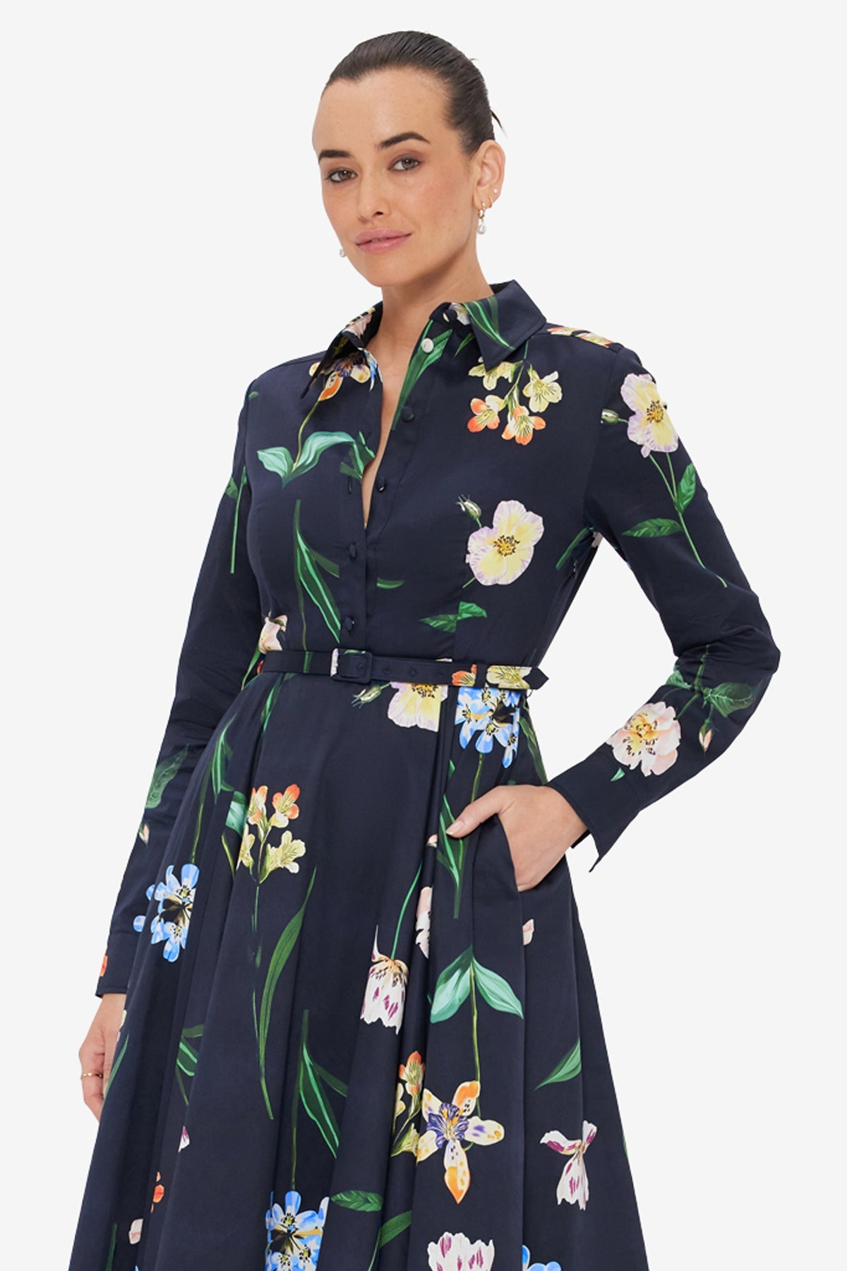 Zara Shirt Midi Dress - Botanical Print in Ebony