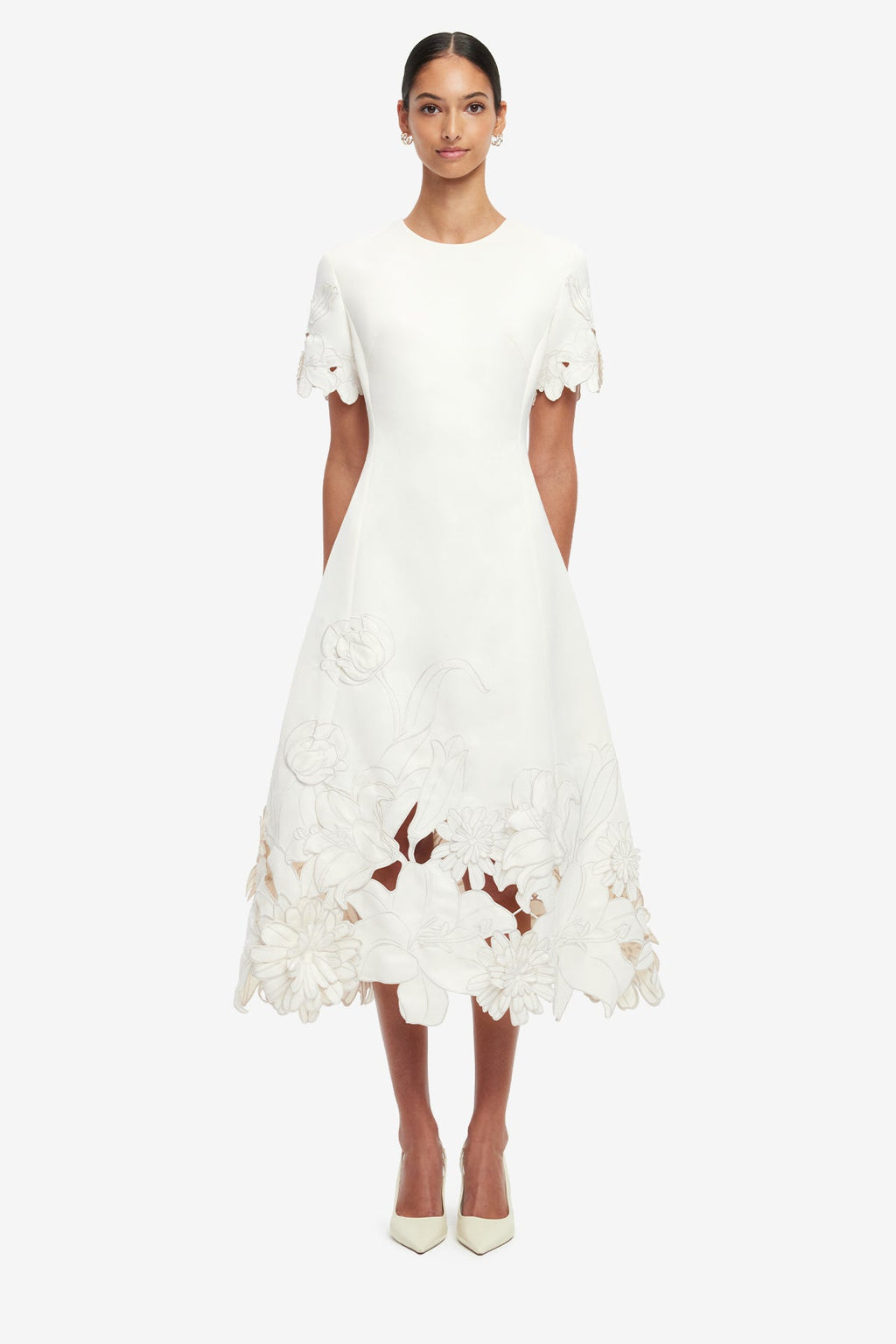 Caroline Applique Short Sleeve Midi Dress - Ivory