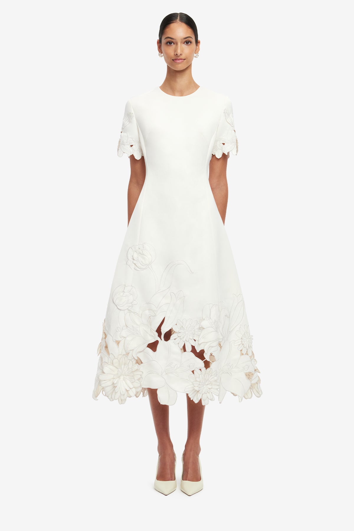 Caroline Applique Short Sleeve Midi Dress - Ivory