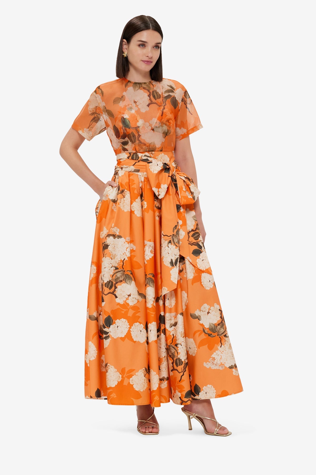 Indie Sleeve Top - Hydrangea Print in Tangerine
