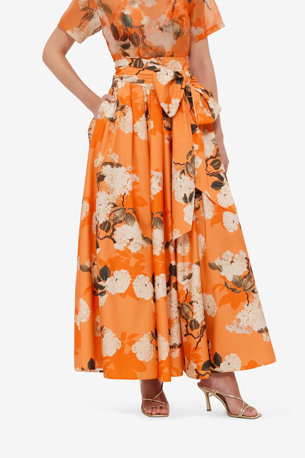 Valerie Maxi Skirt - Hydrangea Print in Tangerine