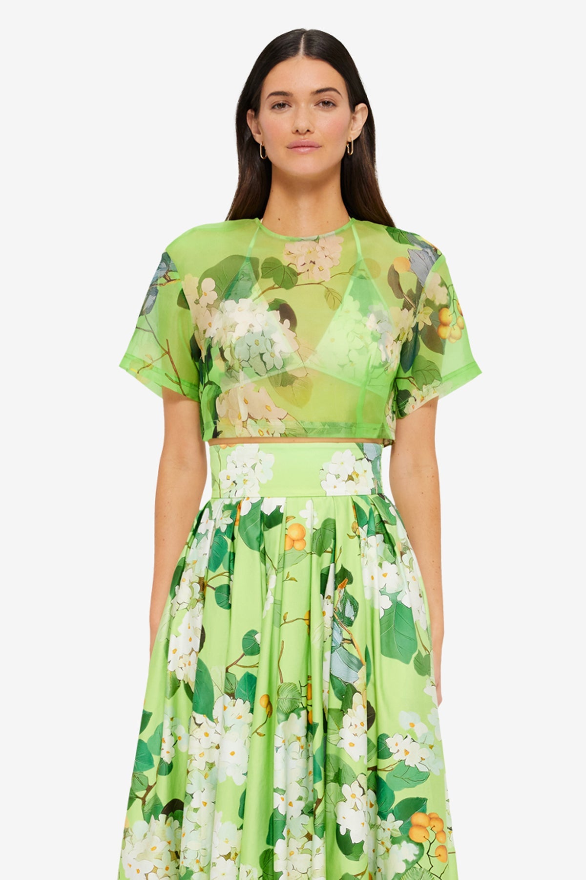 Indie Sleeve Top - Hydrangea Print in Lime