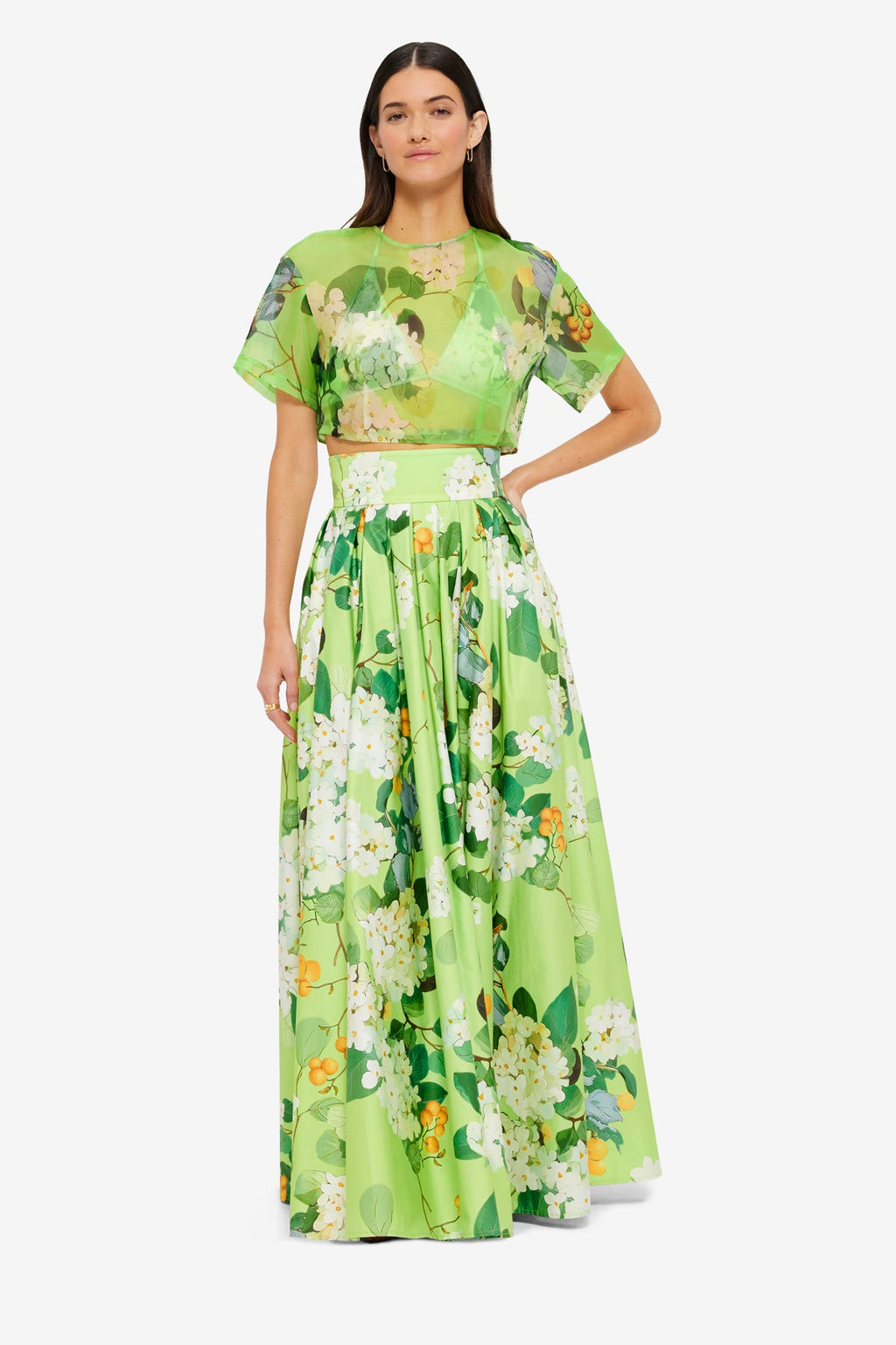 Indie Sleeve Top - Hydrangea Print in Lime