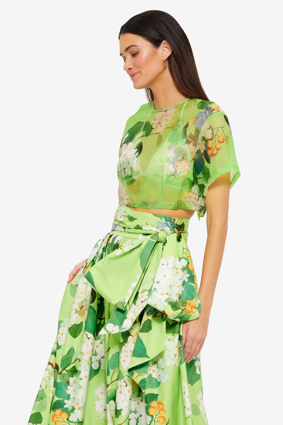 Indie Sleeve Top - Hydrangea Print in Lime