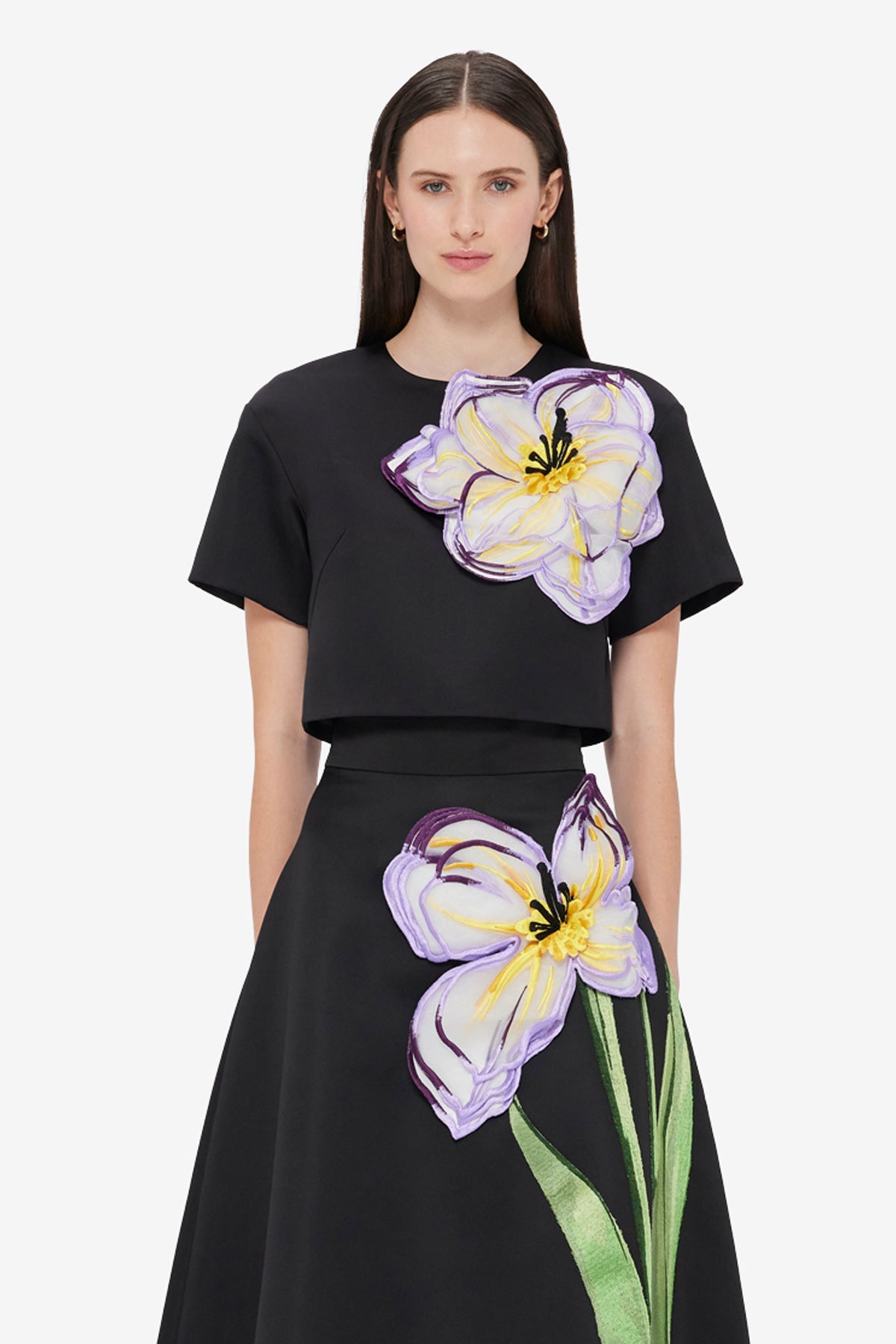 Indie Appliqué Sleeve Top - Iris Print in Ebony
