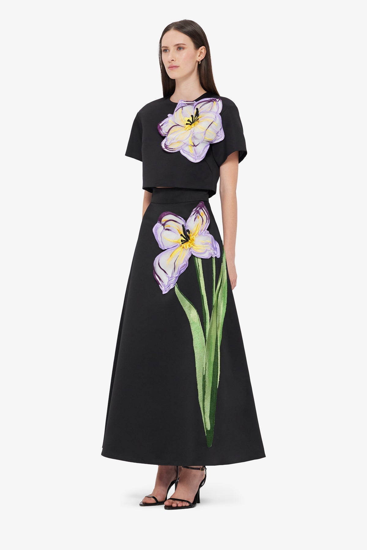 Indie Appliqué Sleeve Top - Iris Print in Ebony