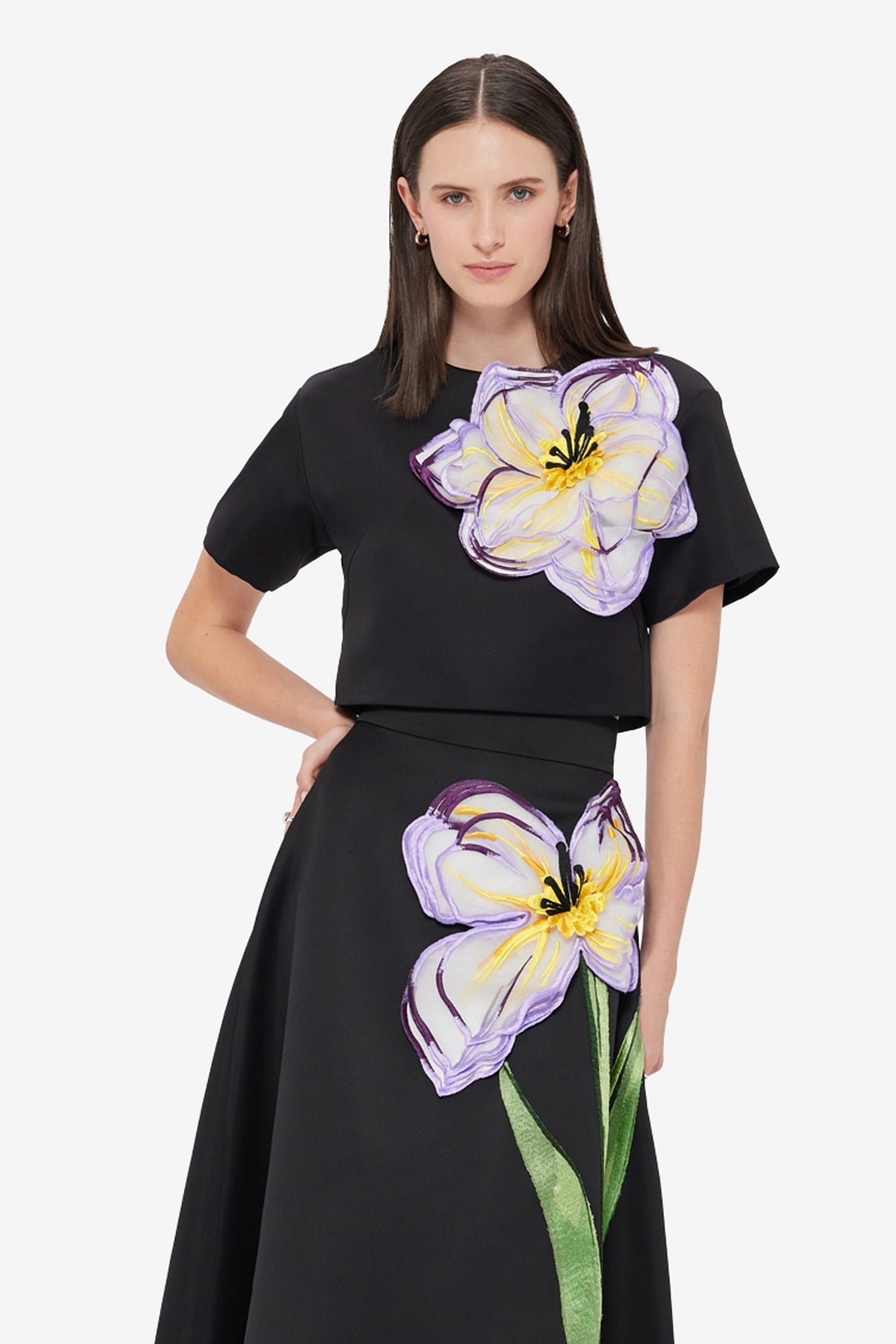Indie Appliqué Sleeve Top - Iris Print in Ebony
